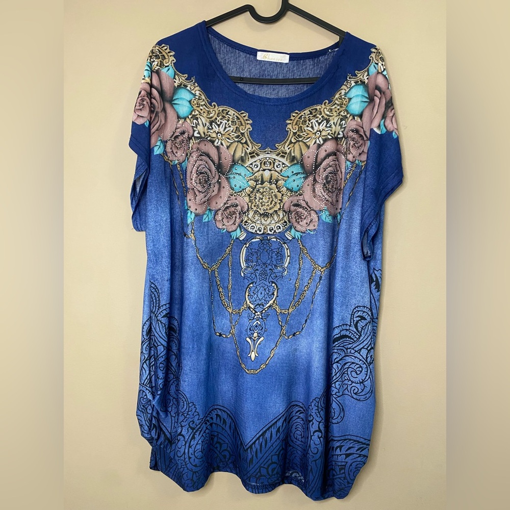 Floral & Gold Designed Blue Dress Tunic
